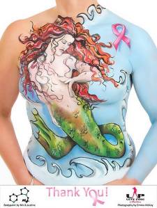 Mermaid: A commissioned piece by the client who had undergone breast reconstruction following a double mastectomy due to breast cancer.  This piece was printed and framed for the clinic where she was treated called The Mermaid Centre.  All hand painted by both Nicola and Justine, taking two hours.